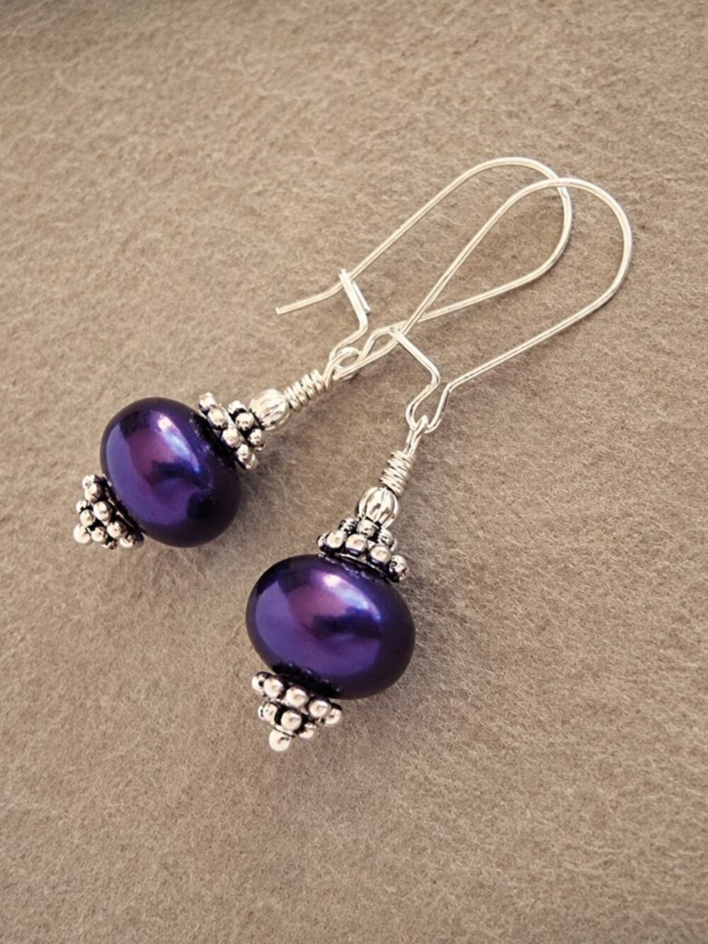 Purple Pearl Earrings Japanese Glass Sterling Silver - Picture 5 of 8